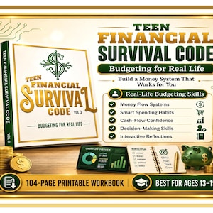 May include: A 104-page printable workbook titled Teen Financial Survival Code Vol 3, featuring a gold dollar sign logo, a digital tablet with a cash flow chart, a monthly plan notebook, a gold pen, and a green piggy bank with a dollar sign.