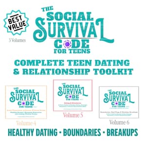 May include: A teal and purple graphic with the text "The Social Survival Code for Teens" and "Complete Teen Dating & Relationship Toolkit." The image includes three book covers labeled Volume 4, 5, and 6, with the words "Healthy Dating, Boundaries, Breakups."