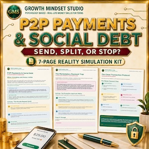 Puede incluir: Un kit educativo financiero de 7 páginas titulado P2P Payments & Social Debt, que incluye documentos impresos, un teléfono inteligente con una solicitud de pago de $25.00, un bolígrafo dorado y una pila de monedas de oro con un icono de escudo.