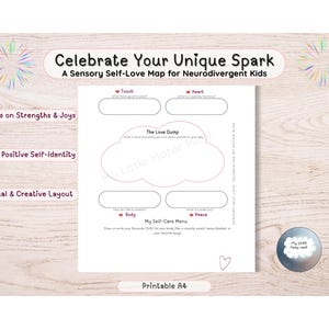 May include: A printable A4 self-love map for neurodivergent kids. The map features sections for touch, heart, body, and peace, with a cloud-shaped area for a love dump. The design includes text "Celebrate Your Unique Spark".