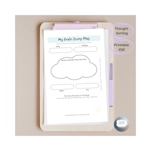 May include: A white printable PDF titled "My Brain Dump Map" on a wooden clipboard. The map includes sections for body, feelings, steps, and joy, with space to write or draw. Text on the side reads "Thought Sorting" and "Printable PDF". A purple pen is also visible.