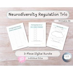 Op de afbeelding: Een digitale bundel van drie afdrukbare A4-pagina's voor neurodiversiteitsregulatie. De pagina's bevatten een fidget- en stim-ontdekkingsblad, een energie-power-up-logboek en een brain dump-kaart. De bundel is gelabeld als een digitale bundel van 3 stuks.