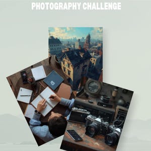Może przedstawiać: Obraz promujący wyzwanie fotograficzne. Tekst brzmi „ARE YOU BRAVE ENOUGH? PHOTOGRAPHY CHALLENGE” i „Step out of your comfort zone”. Obraz zawiera osobę piszącą w notatniku, aparaty fotograficzne i krajobraz miejski.