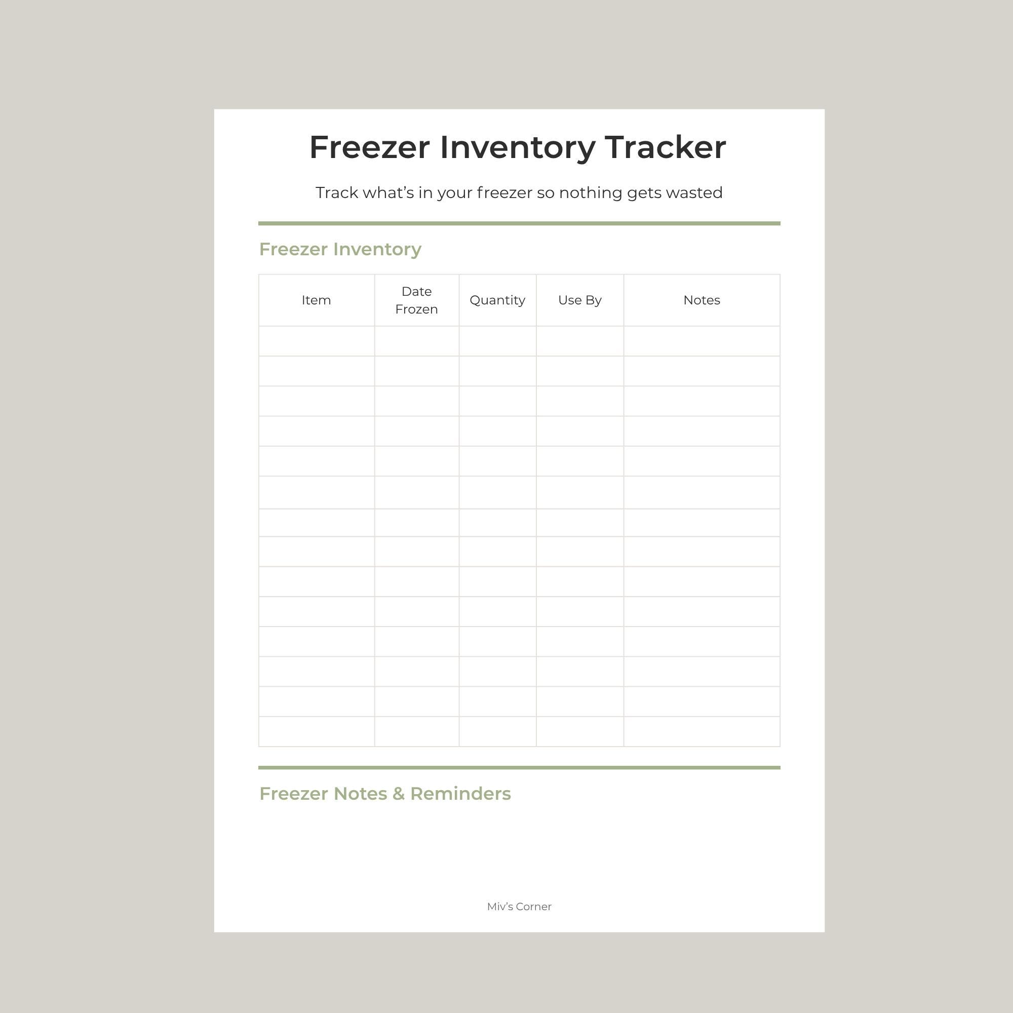 Freezer Inventory Tracker Printable | Minimal Kitchen Organizer ...