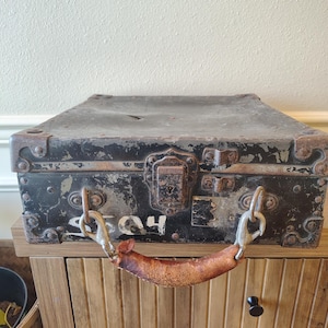Vintage Salesman Sample Case Metal Storage with Leather Handle Industrial Rustic Decor