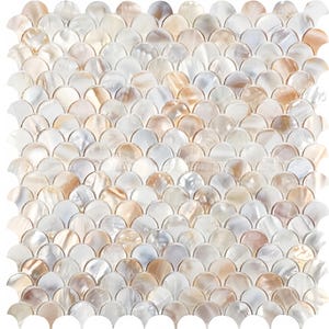 May include: A mosaic tile sheet featuring a fan-shaped pattern. The tiles are a mix of white, cream, and light brown, creating a pearlescent effect. The design is suitable for backsplashes, showers, or accent walls.