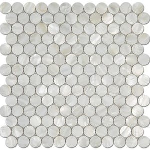 May include: A square mosaic tile sheet composed of numerous white, round, mother-of-pearl tiles. The tiles are arranged in a grid pattern, with a light gray grout between each tile. The surface has a subtle, iridescent sheen.