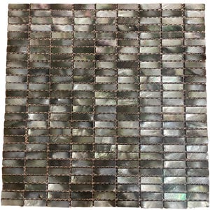May include: A square mosaic tile sheet composed of numerous rectangular tiles. The tiles have a pearlescent, iridescent finish with shades of gray, black, and hints of green. The grout lines are a dark gray color.