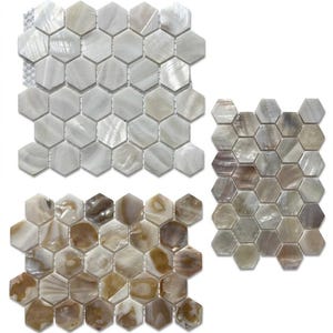Può includere: Una collezione di piastrelle a mosaico esagonali in vari colori. Le piastrelle sono realizzate in un materiale perlescente, con sfumature di bianco, beige, marrone e grigio. Le piastrelle sono disposte in fogli, adatte per pavimenti o pareti.