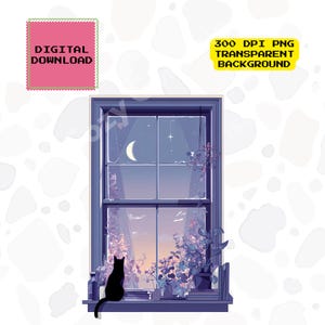 May include: Digital illustration of a window scene at night. A black cat sits on the windowsill, gazing out at the moon and stars. The window frame is blue, and the scene includes plants and the text "300 DPI PNG TRANSPARENT BACKGROUND".