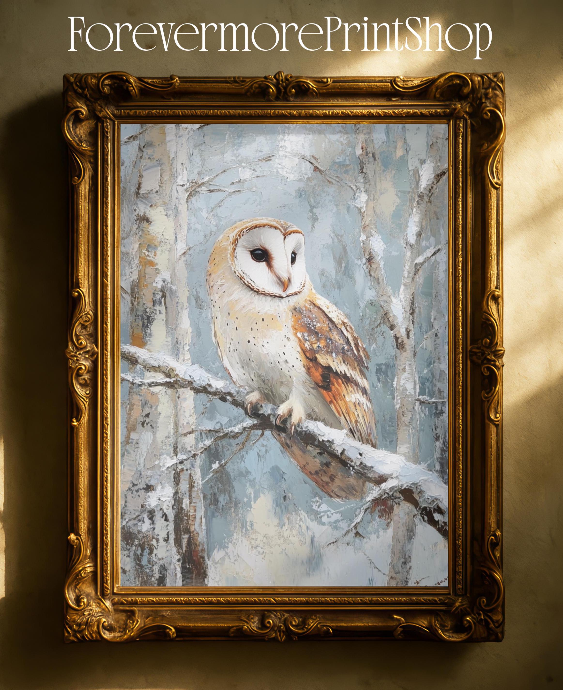 Barn Owl Winter Wall Art Printable, Oil Painting Wildlife Digital Download, Rustic Nature Decor, Sno