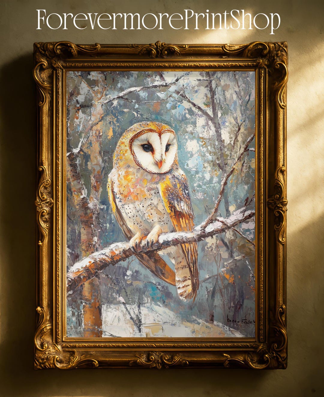Barn Owl Winter Wall Art Printable, Oil Painting Wildlife Digital ...
