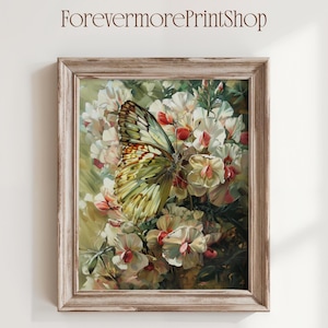 Puede incluir: Una impresión artística enmarcada que presenta una pintura detallada de una mariposa con alas amarillas y marrones, posada entre flores blancas y rosas. La obra de arte está en un marco de madera envejecida, con el texto "ForevermorePrintShop" en la parte superior.