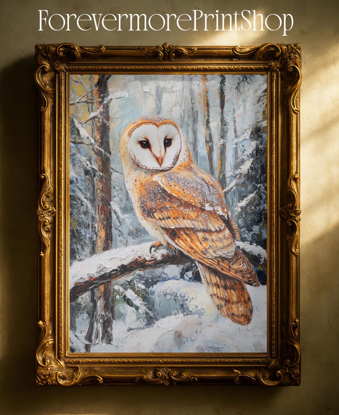 Barn Owl Winter Wall Art Printable, Oil Painting Wildlife Digital ...