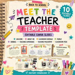 Meet the Teacher Template, Editable Canva Teacher Introduction Slides, Back to School Classroom Presentation