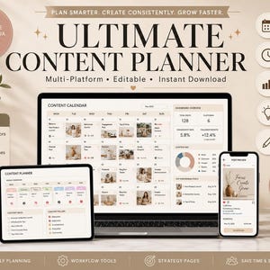 May include: A digital content planner displayed on a laptop, tablet, and smartphone screen. The interface features a monthly calendar, analytics dashboard, and post preview. Text includes "Ultimate Content Planner," "Plan Smarter," and "Instant Download."