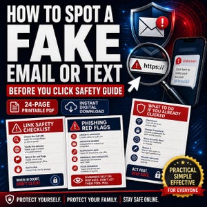 May include: A digital safety guide titled HOW TO SPOT A FAKE EMAIL OR TEXT, featuring a magnifying glass over a suspicious URL, a smartphone displaying a phishing message, and three informational cards detailing link safety, red flags, and recovery steps.