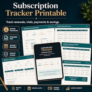 Subscription Tracker Printable, Subscription Log PDF, Monthly Bill Tracker, Renewal Date Tracker, Budget Planner