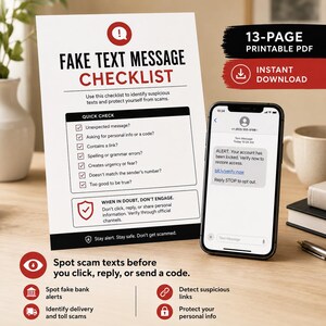 Op de afbeelding: Een 13-pagina tellende printbare PDF-checklist getiteld FAKE TEXT MESSAGE CHECKLIST met een rood uitroepteken-icoon. Het bevat signalen van frauduleuze berichten. Een smartphone toont een voorbeeldwaarschuwing over een geblokkeerd account.