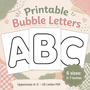 Può includere: Un set di lettere a bolla stampabili che mostrano l'alfabeto maiuscolo dalla A alla C con un contorno nero audace su carta bianca. Il testo recita Printable Bubble Letters, Uppercase A-Z, US Letter PDF e 6 sizes: 5-18 cm.