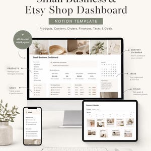 May include: A digital Notion template for a small business and Etsy shop dashboard displayed on a computer monitor, tablet, and smartphone. The interface features sections for products, content calendar, sales, tasks, and goals with text labels.