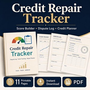 May include: A cream-colored Credit Repair Tracker book with the title in teal and the words "Score Builder, Dispute Log, Credit Planner". The book includes a score tracker, dispute log, and credit overview pages. The image also includes the text "11 Printable Pages" and "Instant Download".