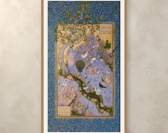 Estampe miniature persane : Le Concours des Oiseaux | Peinture classique | Décoration murale verticale | Téléchargement numérique