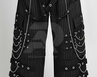 Spodnie cargo w stylu punk rock pinstripe – gotyckie spodnie industrialne z szerokimi nogawkami i łańcuszkami