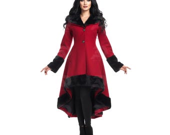 Red Gothic High-Low Coat with Faux Fur Trim