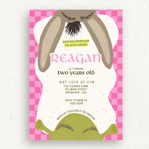 May include: A pink and white birthday invitation featuring a cartoon character design. The invitation includes the name "Reagan", the age "two years old", and event details. The background has a pink checkered pattern.