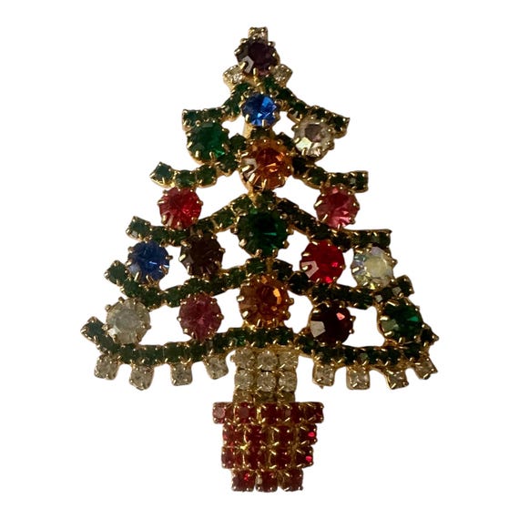 OTC Christmas Multi-Color Rhinestone Christmas Tree Brooch, 1990’s