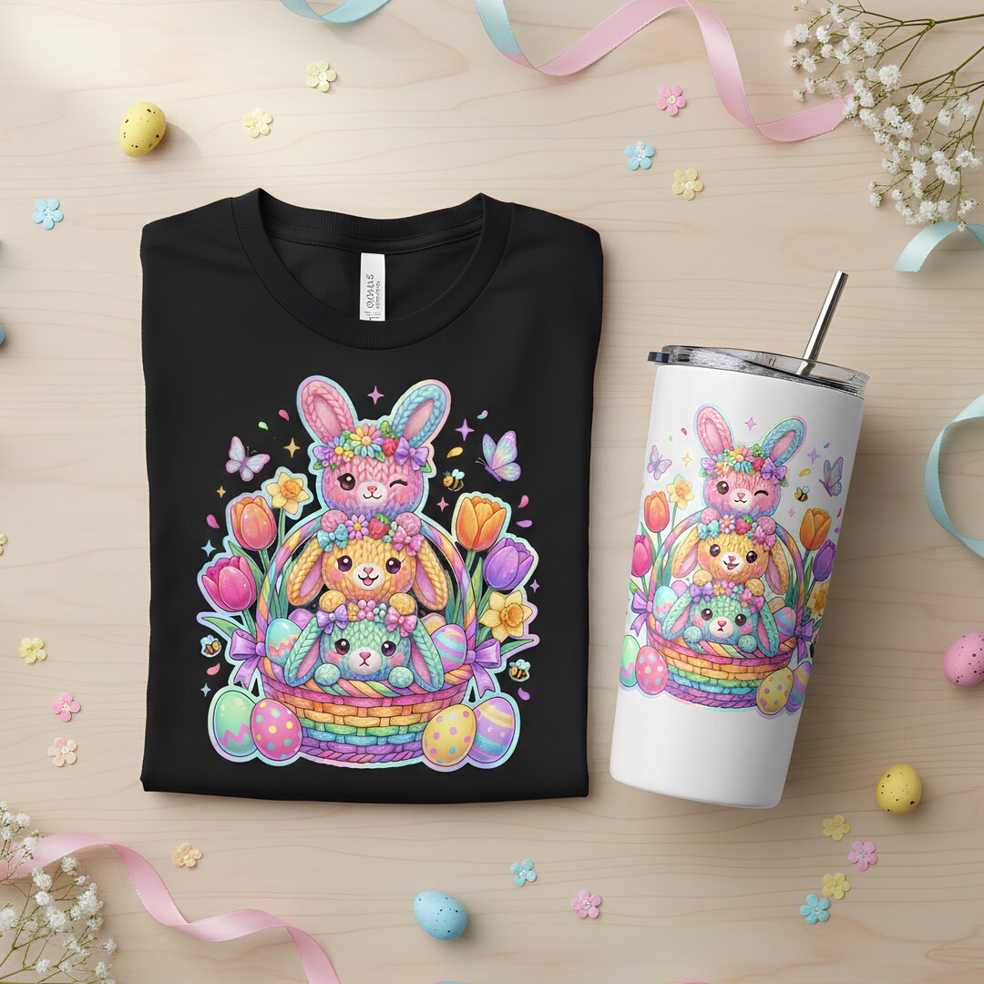 Pastel Knit Easter Bunny Stack PNG, Spring Basket Design (digital ...