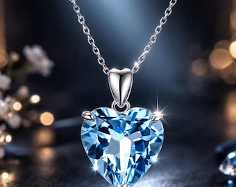 Sterling Silver Love Heart Necklace, Aquamarine Necklace, 925 Crystal Stone Necklace, Amethyst Sparkly Aurora Pendant, Blue CZ Necklace 45cm