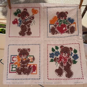 Vintage 1980s Stamped Cross Stitch Teddy Bear Quilt Block Fabric Panel