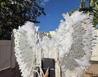 Deluxe Bedazzled White Feather Angel Wings with LED Lights - Reinforced Custom Reworked