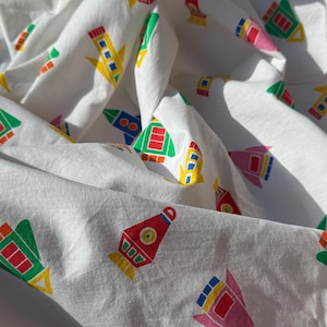 Vintage 1988 Rocket Ship Space Fabric 2 Yards Learning Line Ltd AS IS