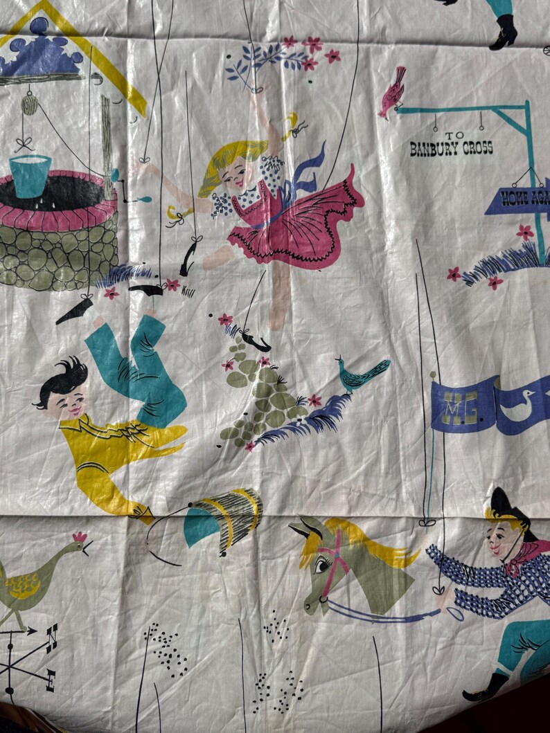 Vintage 1950s Mother Goose Nursery Vinyl Tablecloth - 21