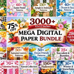 Mega digitale papierbundel met meer dan 3000 scrapbookpapieren, naadloze patronen en achtergronden in hoge resolutie (PNG-download).