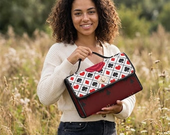 Bolso de lona impermeable con estampado de rosas y naipes / Diseño de corazón, pica y corona