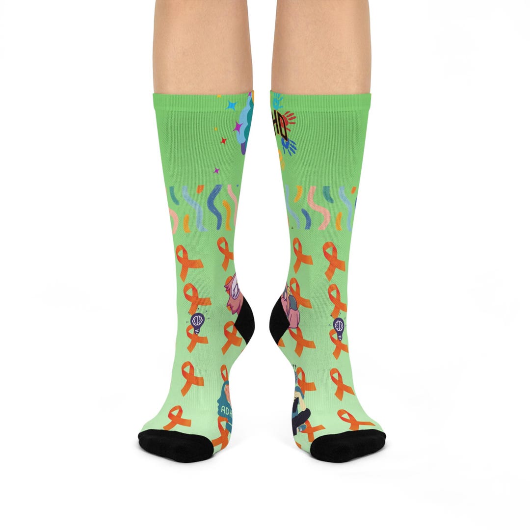 ADHD Awareness Ribbon Pattern Cushioned Crew Socks | Bright Green ...