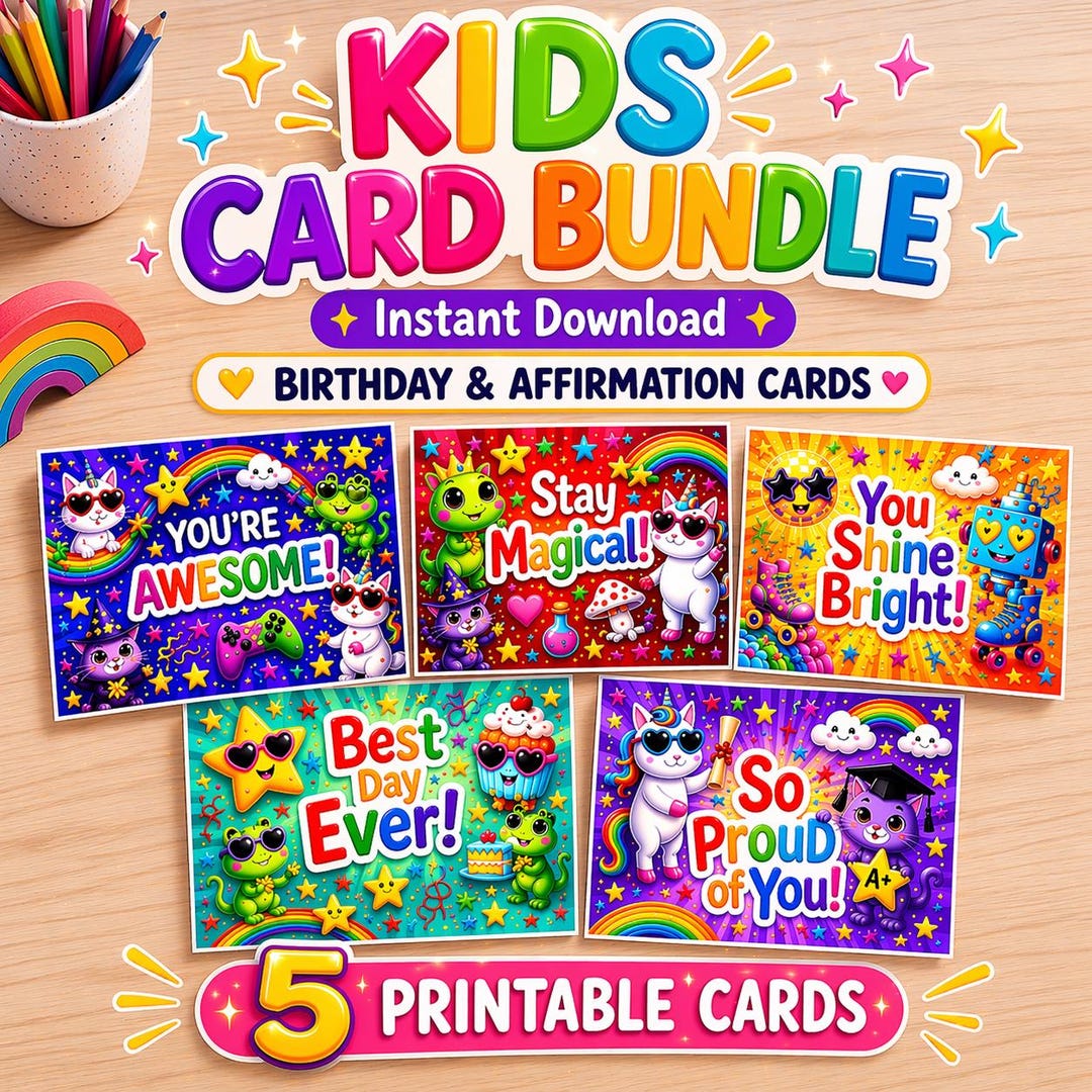 Kids Printable Card Bundle, 5 Affirmation and Birthday Cards for Kids ...