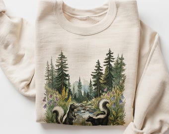Vintages Retro Stinktier-Sweatshirt, Rundhalsausschnitt mit Waldszene, Aquarell-Stinktier-Illustrationspullover, Wildtier-Natur-Liebhaber-Geschenk