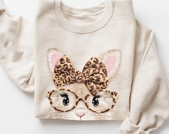 Vintage Leopard Print Bunny Sweatshirt, Aesthetic Preppy Animal Sweatshirt, Trendy Bow and Glasses Graphic Top, Cute Bunny Sweatshirt