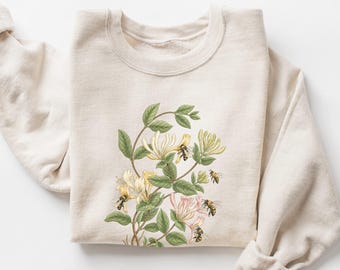 Vintage Botanical Honeybee Sweatshirt, Honeysuckle Floral Sweatshirt, Vintage Wildflower Sweatshirt, Nature Lover Gift