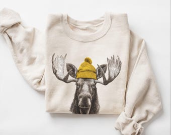 Vintage eland beanie sweatshirt, retro winter dierenshirt, grappig cabinet-shirt, wildlife ronde hals, cadeau voor buitenliefhebber