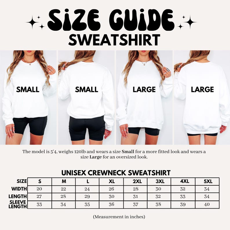K&ouml;nnte beinhalten: Eine Gr&ouml;&szlig;entabelle f&uuml;r ein Unisex-Crewneck-Sweatshirt. Die Anleitung zeigt Modelle, die kleine und gro&szlig;e Gr&ouml;&szlig;en tragen. Die Tabelle zeigt die Ma&szlig;e in Zoll f&uuml;r Breite, L&auml;nge und &Auml;rmell&auml;nge, von Gr&ouml;&szlig;e S bis 5XL.