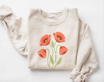 Vintage Poppy Flower Sweatshirt, Retro Wildflower Shirt, Botanical Floral Tshirt, Cottagecore Crewneck, Gift for Her, Garden Tee