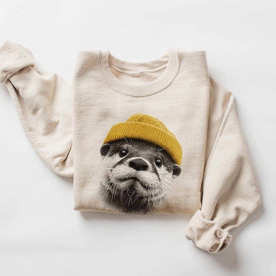 Vintage Otter Sweatshirt, Otter with Beanie Shirt, Cute Animal Lover Gift, Aesthetic Sea Otter Crewneck, Nature Enthusiast Graphic Shirt