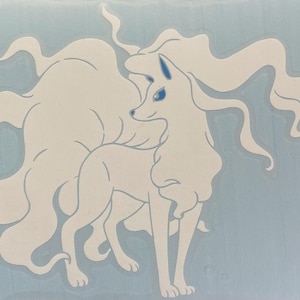 May include: A white fox illustration with flowing, cloud-like tails and a serene expression. The fox has blue eyes and is set against a light blue background. The artwork has a minimalist, elegant style.