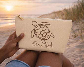 Ocean Child Turtle Makeup Bag, Coastal Beach Lover Pouch, Summer Travel Organizer